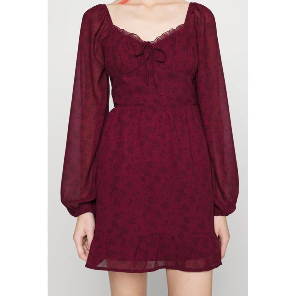 Hollister Burgundy Black Floral Babydoll Mini Dress Fairy Grunge Whimsy Goth - Picture 4 of 12